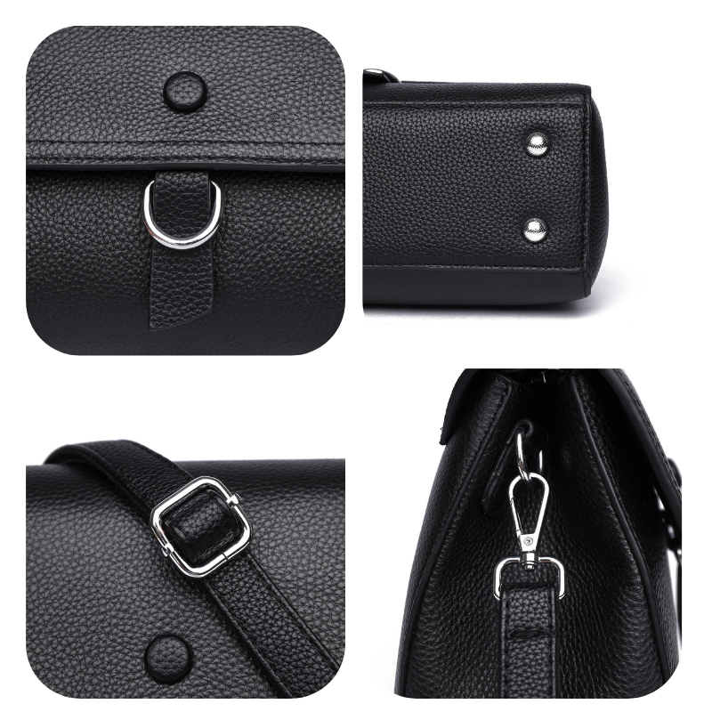 Clara Schultertasche Detail – Druckknopf Metallnieten Schnalle und Karabinerhaken silberfarben