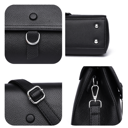 Clara Schultertasche Detail – Druckknopf Metallnieten Schnalle und Karabinerhaken silberfarben