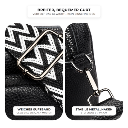Breiter, bequemer Gurt der Echtleder Umhängetasche Phone Pocket 3 – weiches Gurtband im Zickzack-Muster mit stabilen Metallhaken, verstellbar 84–146 cm
