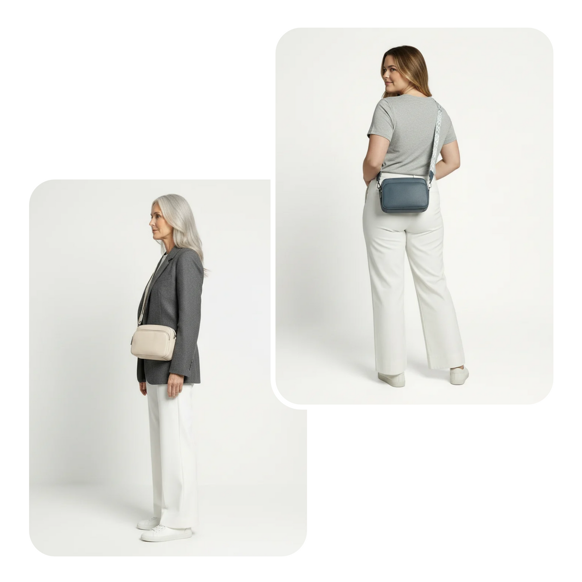 Phone Pocket 3 Umhängetasche getragen – in Beige und Graublau am Model