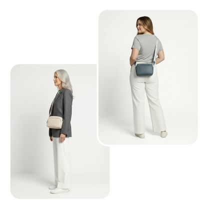 Phone Pocket 3 Umhängetasche getragen – in Beige und Graublau am Model