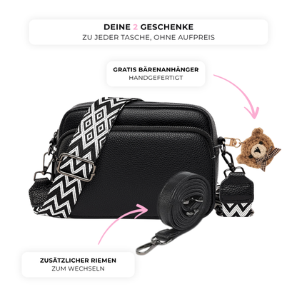 Gratis Bärenanhänger und Wechselgurt inklusive bei der Echtleder Umhängetasche